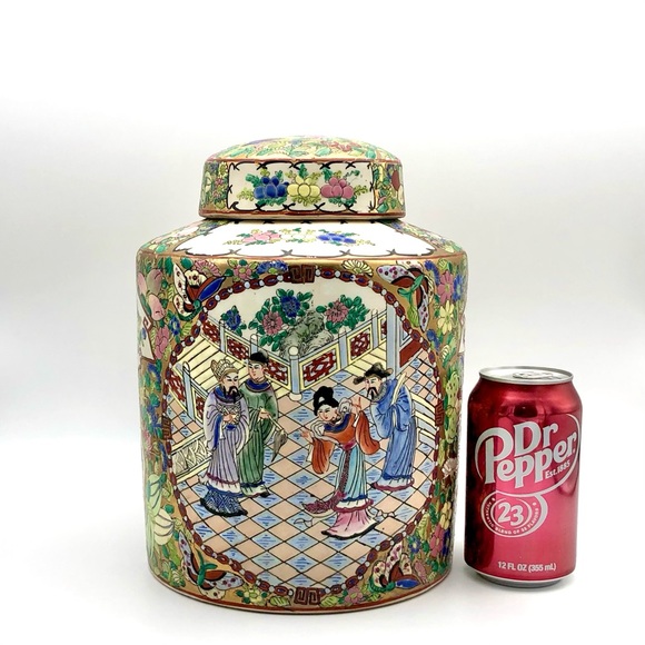 Huge Porcelain Canister Famille Rose Asian Figural Gold Gilt Floral Tea Caddy - Picture 3 of 15